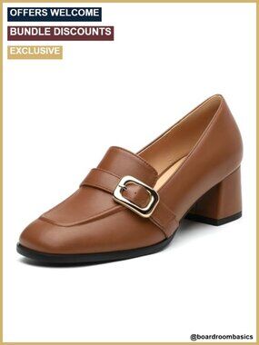 Women's Chunky Heel Loafers Square Toe Buckle Dress Work Shoes